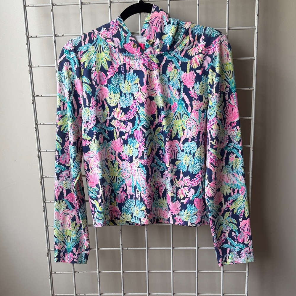 Lily Pulitzer Floral Pattern Long Sleeve Hoodie in Navy, Pink & Mint Size Medium